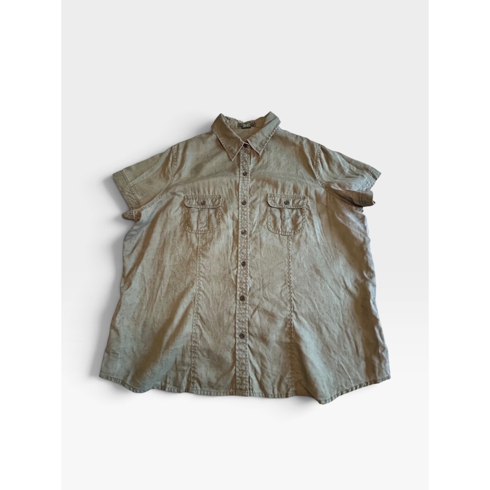 Eddie Bauer Women 2X Olive Green 100% Linen Short Sleeve Button Utility Shirt